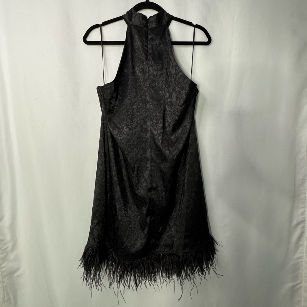 NWT Elegant Black Halter Dress with Feather Hem Sz Small